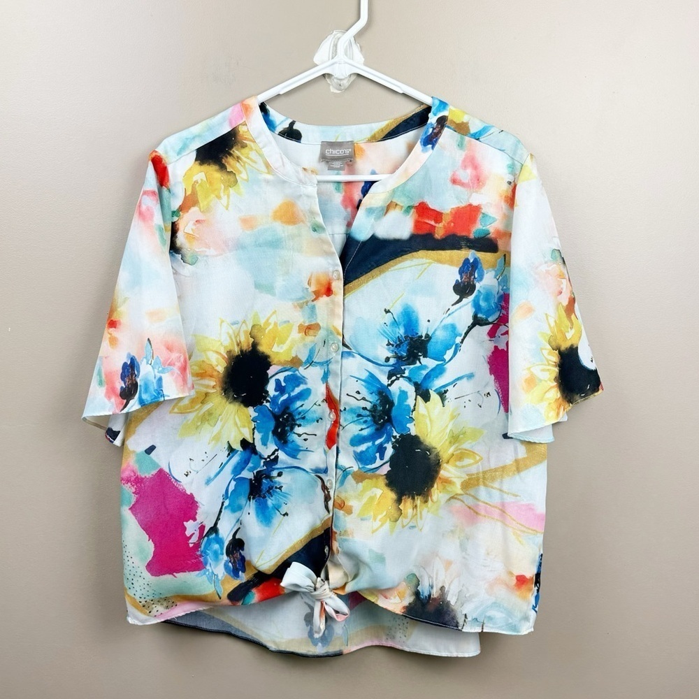 Chico's Button Down Tie Front Floral Watercolor Top Size 3 (XL/16) Artist